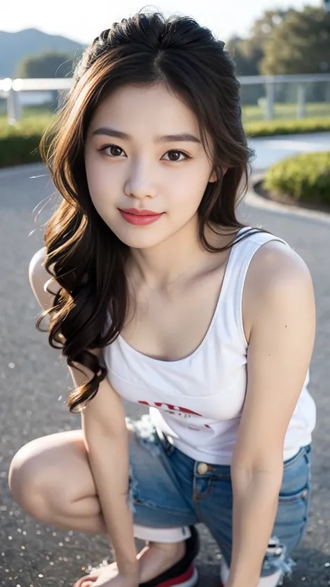  (masterpiece, top quality, best quality,1girls,Korean, beautiful face, smile, long hair, 19 years old, Tank top, shorts, White shoes, hills, full body view, sunset， Bangs to eyebrows、Beautiful brown hair、Beautiful and delicate eyes、Brown eyes、Raise an eye...