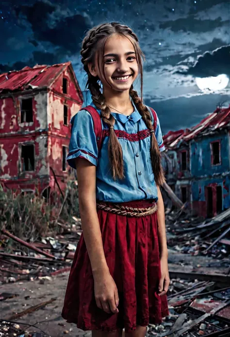  13 year old, horrible smile, nasty, olhar malicioso, clayey espressa, morbid abandoned city background with bluish tone with red, dilapidated houses and buildings, ful dressed, straight hair with braid above the shoulder, the night, dark sky.