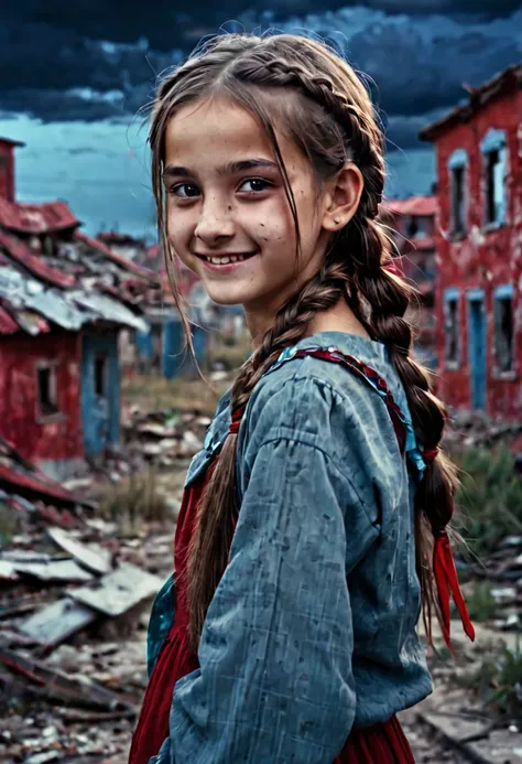  13 year old, horrible smile, nasty, olhar malicioso, clayey espressa, morbid abandoned city background with bluish tone with red, dilapidated houses and buildings, ful dressed, straight hair with braid above the shoulder, the night, dark sky.