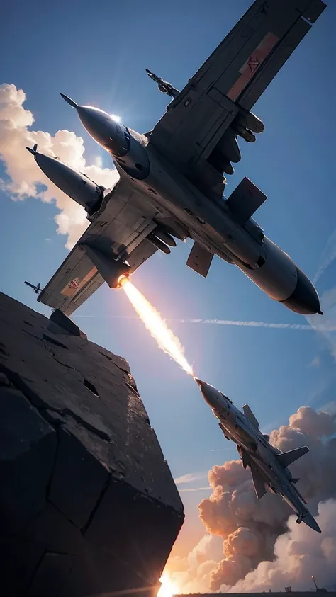 "A missile being fired at the monster from a fighter jets perspective."noght