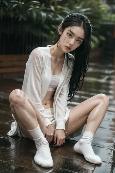 (((best quality))),(((ultra detailed))),(((masterpiece))),illustration,((1 beautiful girl,solo)),((slim,thin)),short ponytail,((small breasts,flat chest)),white long-sleeved shirt,navel,briefs,slender legs,white socks,slippers,rainy night, heavy rain, dren...