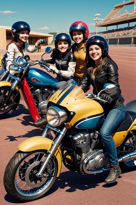 In a cartodromo 5 motorcyclist girls each with their motorcycles  , very happy disney animation