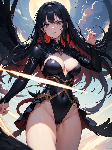 ((Masterpiece))，(Best Quality)，(Highest resolution)，(8K)，(Clean lines)，(Perfect Face，Perfect meat)，(Official Art), Cowboy Shot,（Magical girl）,villain,  Black Costume, Long Hair,  large black feathers, Night Sky, Angry face