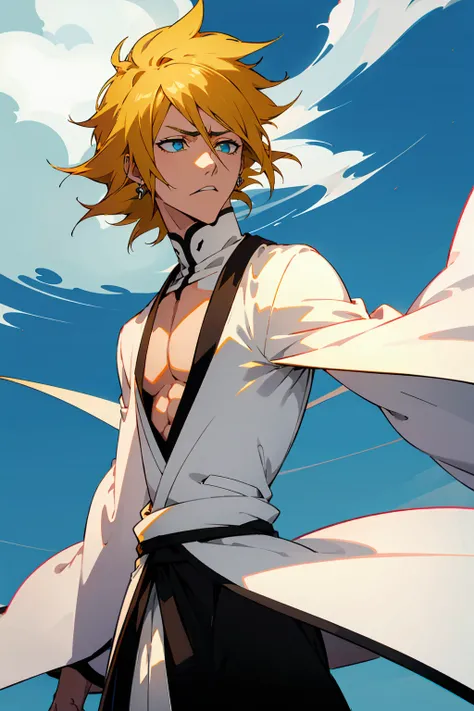 1male, Young Adult, Short Hair, Black Colored Hair, Yellow Highlights, Two Toned Hair, Sky Blue Eyes, Bleach, Hueco Mundo, Arrancar Clothing, Sunny, Muscular, White Coat, Detailed Eyes, Wavy Hair, Earring