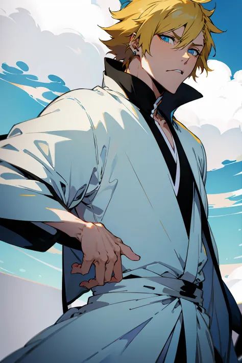 1male, Young Adult, Short Hair, Black Colored Hair, Yellow Highlights, Two Toned Hair, Sky Blue Eyes, Bleach, Hueco Mundo, Arrancar Clothing, Sunny, Muscular, White Coat, Detailed Eyes, Wavy Hair, Earring