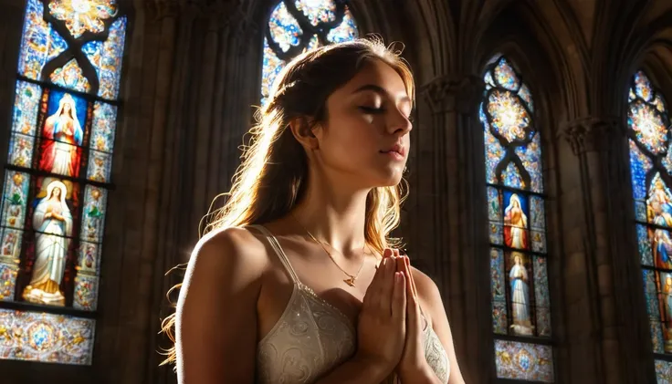 (best quality,4k,8k,highres,masterpiece:1.2),ultra-detailed,(realistic,photorealistic,photo-realistic:1.37),cathedral,girl praying to God,nude,artistic photo,pure beauty,sunlight streaming through stained glass windows,serene expression,innocent and ethere...