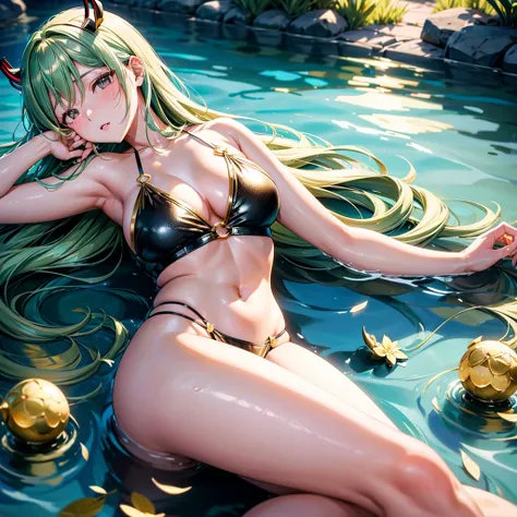 Miku Nakano lying on the grass on the banks of a lagoon watching the sky, in black underwear with gold edges, short shiny golden hair, 2 large horns with details equal to GOLDEN MOON from free fire, black eyes, provocative face.
soft lighting, slight eveni...