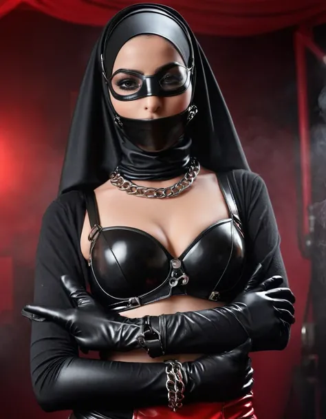 Very thin. Naked sexy model. in bdsm style. Latex hijab and mask. Shiny steel bracelets on top of black gloves. and Shiny steel bracelet necklaces are on her wrists. She wears a leather harness over her head and face. Leather garters on his feet.. Red, thi...