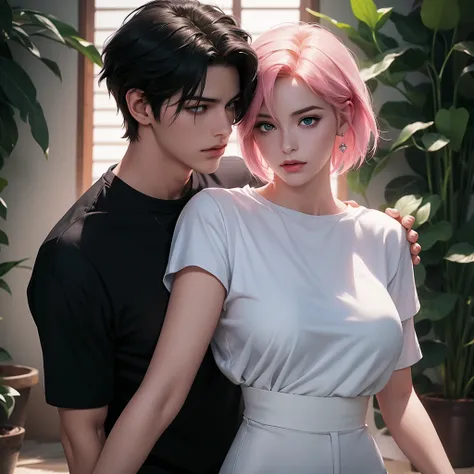 A tall handsome young man with short black hair, short bangs and black eyes, he is wearing a white T-shirt and white jeans, he hugs an incredibly beautiful femme fatale young woman, she has a pink hair with a very short haircut standing next to him, she ha...