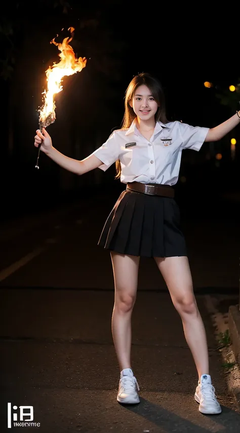 18 year old woman in Thai university uniform, white shirt, black skirt, brown belt, white sneakers, fire around her, fire on foreground ans background in the dark, realistic photo, high detail, fantasy, dynamic pose