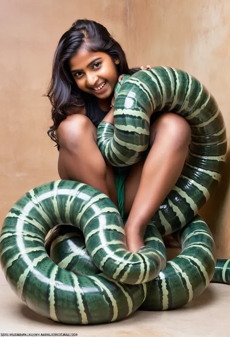 Happy Horny, aroused 1girl), beautiful  kneeling Indian  young teen girl with  giant colossal Kaa monster squeezing her hard, wrapped in thick spiraling coils, constricted, struggle, gasping for air, snake attack, snake peril,