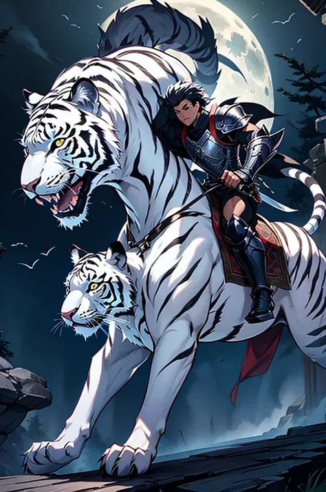 white tiger monster, muscular monster, Wearing traditional oriental silver leather armor. Roar and swing your sword, Full body showing, Moonlit night