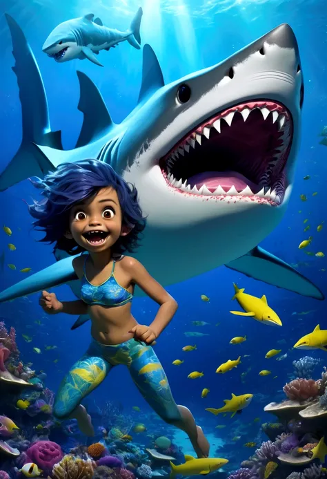 A shark humanoid (age 10, very human face an torso, shark lower body, sea star bra, dark eyes, deep blue hair, shark fin on back, over sized mouth with razor teeth) seen from the side, she is disinterested in the viewer, she is hungrily eating a fish, colo...