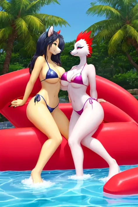 Serene, the alluring female anthropomorphic red-crowned crane bird in her red American bikini, is inflating her giant red inflatable raft by her pool. When Yuriko, the sexy female anthropomorphic red-crowned crane bird in her sexy red Japanese bikini, arri...