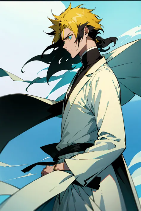 1male, Young Adult, Short Hair, Black Colored Hair, Yellow Highlights, Two Toned Hair, Sky Blue Eyes, Bleach, Hueco Mundo, Arrancar Clothing, Sunny, Muscular, White Coat, Detailed Eyes, Wavy Hair, Earring, Slicked Back Hair