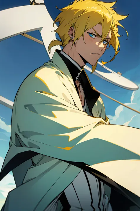 1male, Young Adult, Short Hair, Black Colored Hair, Yellow Highlights, Two Toned Hair, Sky Blue Eyes, Bleach, Hueco Mundo, Arrancar Clothing, Sunny, Muscular, White Coat, Detailed Eyes, Wavy Hair, Earring, Slicked Back Hair