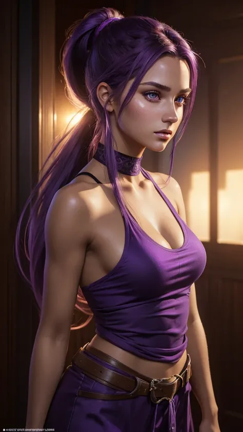 a beautiful young woman, 22 years old,long purple hair tied in a ponytail,purple eyes,caucasian tanned skin,detailed face,highly detailed portrait,masterpiece,photorealistic,cinematic lighting,digital art,concept art,vibrant colors,ethereal