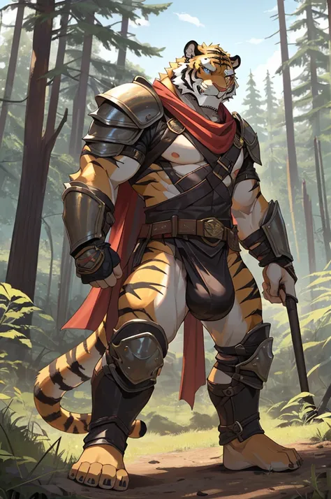 Tiger,Young Adults,Strong,handsome,warrior,Sexy body,Golden fur,Huge penis,Exposed genitals,Revealing clothing,毛茸茸的Tiger爪,Extremely revealing clothing(Scapula,Armor knee pads,Crotch bulge,The genitals are extremely prominent,Red torn shawl,Bare chest and a...