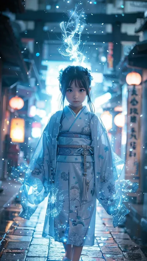 neo tokyo, cyberpunk, 12 years old very cute and beautiful and girl with mysterious atmosphere, ghost,  in appearance and gracef...