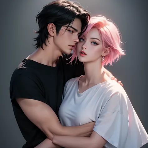 A tall handsome young man with short black hair, short bangs and black eyes, he is wearing a white T-shirt and white jeans, he hugs an incredibly beautiful femme fatale young woman, she has a pink hair with a very short haircut standing next to him, she ha...