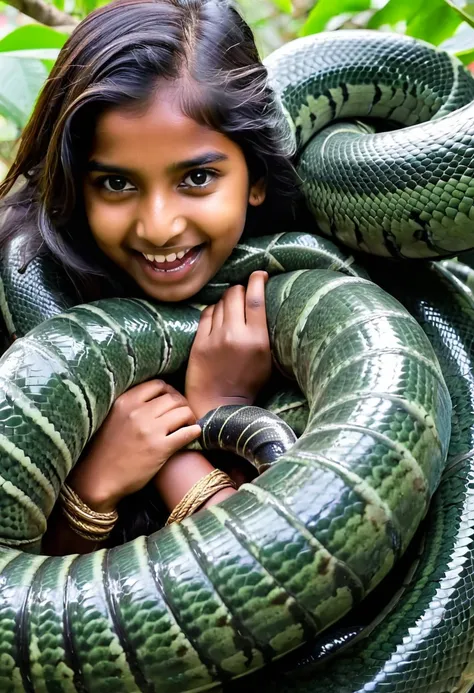 Happy Horny, aroused 1girl), beautiful  Indian  young teen girl with  giant colossal Kaa monster squeezing her hard, wrapped in thick spiraling coils, constricted, struggle, gasping for air, snake attack, snake peril,