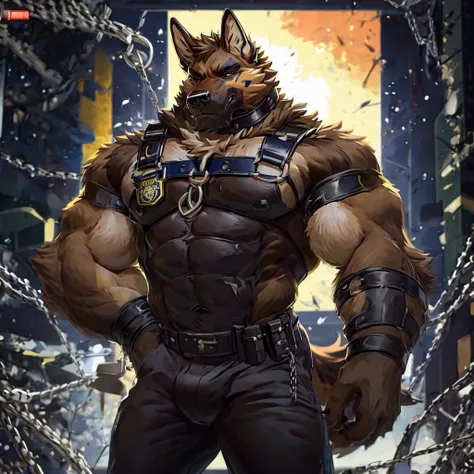 muscular male anthropomorphic german shepherd, black leather harness, black leather collar, black leather pants, black fur on body, tan fur on body, light brown fur on body, police badge, sliver chain, rugged and intimidating