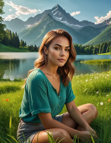 a beautiful, peaceful landscape with a lush, green meadow, a serene lake, and a majestic mountain range in the background, 1girl sitting on the grass, enjoying the tranquility of nature, detailed face and eyes, summer day, warm lighting, cinematic composit...