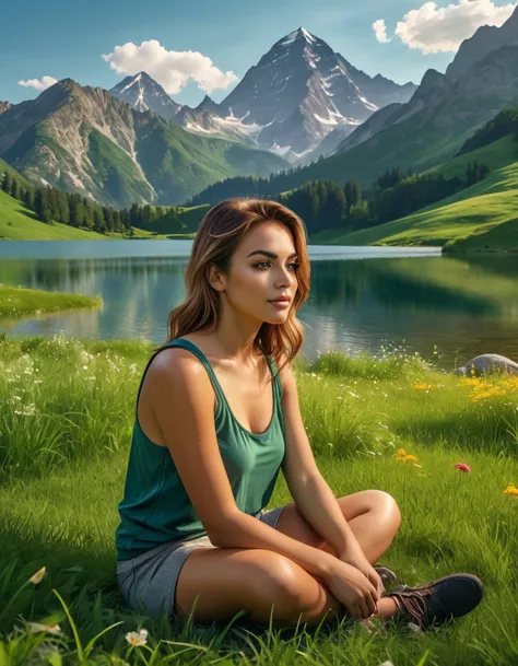 a beautiful, peaceful landscape with a lush, green meadow, a serene lake, and a majestic mountain range in the background, 1girl sitting on the grass, enjoying the tranquility of nature, detailed face and eyes, summer day, warm lighting, cinematic composit...