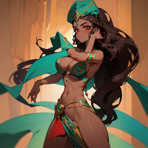 a female character, very beautiful, with a sexy body, wearing a GALABIA belly dancing dress, dark skin, dark and long curly hair with red highlights, her face with very heavy makeup, with a penetrating and enigmatic look, her eyes are It has a deep turquoi...