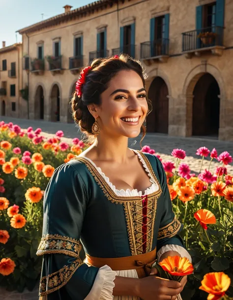 Medium plan.flowers. historically accurate Spanish woman 1400s, smiling, 8k, wide shot, cinematic composition, volumetric light, high detail, 8k, hdr, realistic, photography, joyful and wise woman, sunlight, cinematic, photorealistic, cinematic lighting, c...