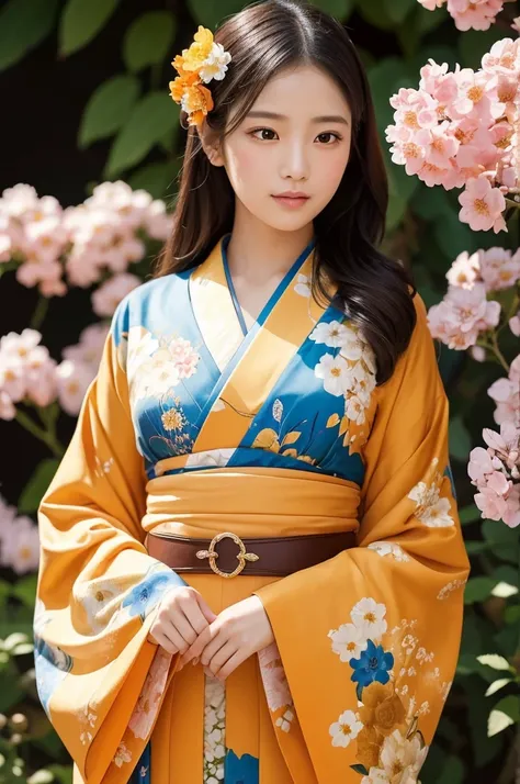 A beautiful Japanese girl with long, dark hair is depicted in a vertical portrait against a rich, floral background. Her hair is styled elegantly with traditional hairpins and adorned with a large, vibrant orange flower. Her makeup is subtly applied, empha...