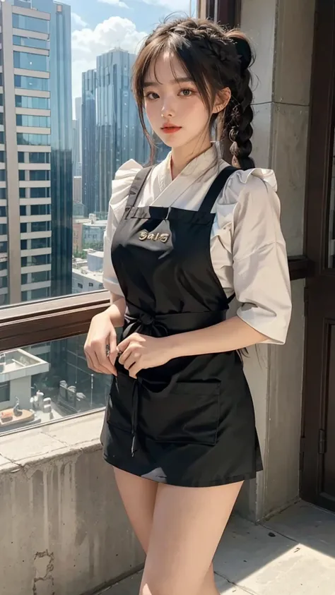 1girl,legs,a girl at building,(((building))),  braided bangs,braided ponytail,(solo:1.2),apron,thick thighs,side-tie panties, balck hair, 16yo,looking at viewer, sunlight,hanfu, 