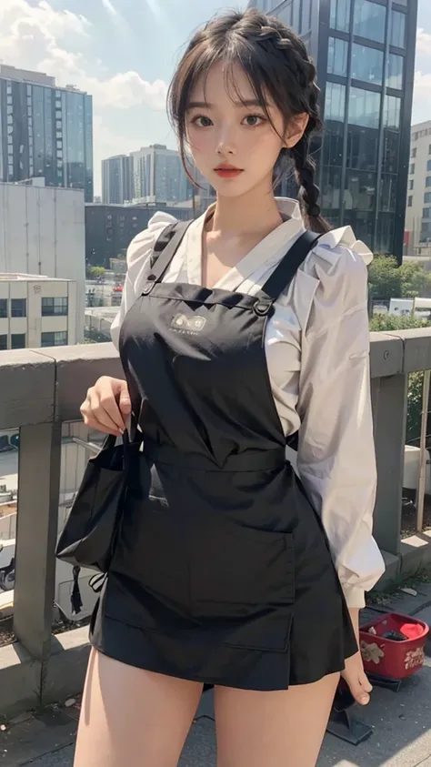 1girl,legs,a girl at building,(((building))),  braided bangs,braided ponytail,(solo:1.2),apron,thick thighs,side-tie panties, balck hair, 16yo,looking at viewer, sunlight,hanfu, 