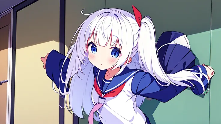 school gymnasium　primary school girl　
8 years　by plan　long white hair blue eyes white are （（1 person））　White Sailor Uniform Half Sleeve Top　Navy blue underbody mini skirt（（White panties are visible.））　black socks　sneakers　stand next to the wall　Open your l...