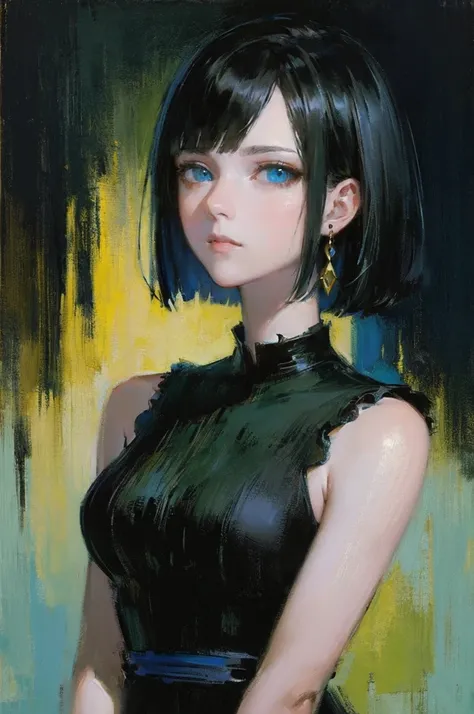 (top-quality、​masterpiece:1.2) 1woman, detailed portraiture art of a character, loose oil paint, thick pain, portrait, video game character art, female, black background background, stunning, perfect artwork, clean bob cut, black dress, black hair dyed gre...