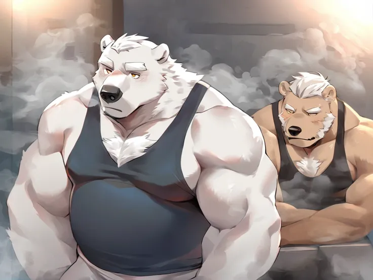 polar bear，personification，Mature male，Strong Man，White hair，Cold expression，Golden pupils，gym tank top，whole body，The Age of Steam。