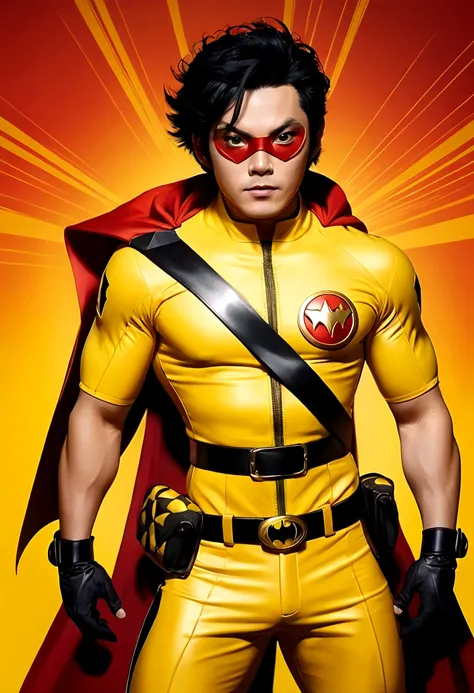 a close-up of a man in a yellow costume and a red cape, wearing red and yellow Hero suit, No text, Damian Kryzwonos, Hero, superHero from the boys tv show, Japanese live-action DC film, inspired by Urakusai Nagahide, car racer, inspired by Dustin Nguyen, s...