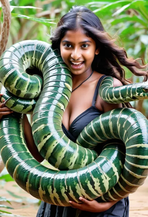 Happy Horny, aroused 1girl), beautiful  Indian  young teen girl with  giant colossal Kaa monster squeezing her hard, wrapped in thick spiraling coils, constricted, struggle, gasping for air, snake attack, snake peril,