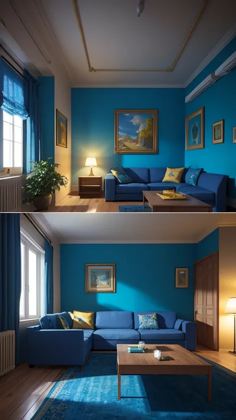 (masterpiece,Highest quality:8K) there is a room with a blue painted wall and a blue couch, a photorealistic painting inspired by Riad Beyrouti, polycount contest winner, maximalism, blue moon ray tracing, blue and yellow theme, rendered in unreal 5, rende...