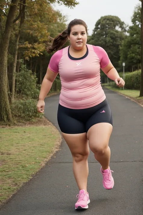 Slightly fat girl with brown hair exercising dressed in pink 