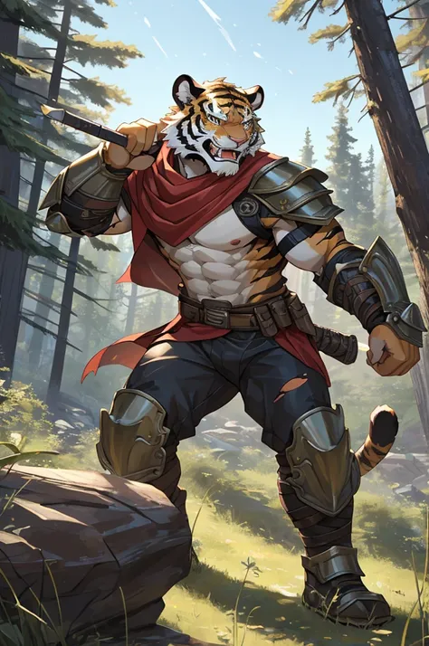 Tiger,Young Adults,Strong,handsome,warrior,Sexy body,Golden fur,Huge penis,Bare chest and abdomen,Bare legs,unarmed,Very cool to wear,Revealing clothing,毛茸茸的Tiger爪,Extremely revealing clothing(Scapula,Armor knee pads,Red torn shawl,No pants),expression(vig...