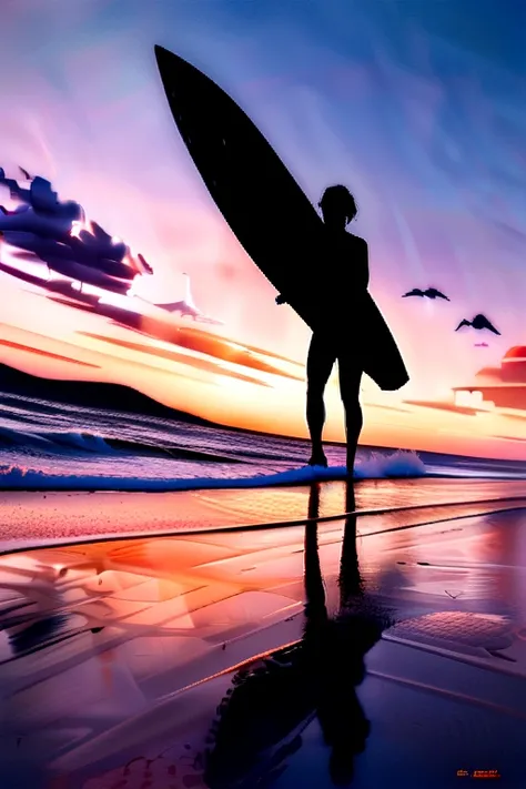 (best qualityer,4K,8K,high resolution,work of art:1.2),ultra detali,(realisitic,photorealisitic,photo-realisitic:1.37),bright vivid colours,ocean,beachfront,rise sun,morning light,crashing waves,surf board,seagulls,fresh breeze,Silhouette of a solitary fig...