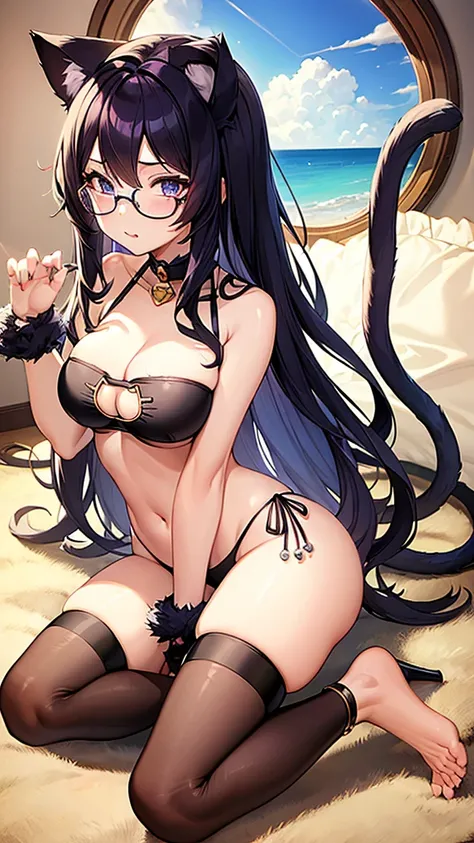 (Masterpiece), (best quality), Cat girl, 20 years old, long hair, dark purple hair, chest, blue eyes, cat ears and cat tail, round glasses, black cat bikini.