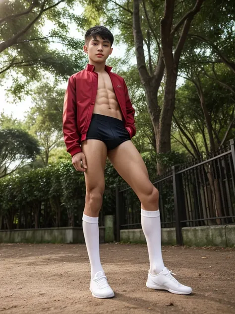 16 years old teenagers , very young , light-skin , wearing an dark red sexy underwear, tmasterpiece，k hd，the feet，Transparent sports vest，semi transparent，black long socks，The barefoot , red colour , handsome and cute , extreme cute boy , white skin , dark...