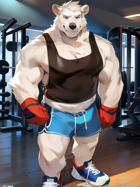 Solo, Male, polar bear, (short hair, snout), messy fur, messy hair, smirking, notched ear, by Bebebebebe, by Spikes, By Darkgem, by Mystic Fox 61, by Chunie, standing, tank top, gym shorts, gym shoes, looking at viewer, Dilf, Daddy, father figure, mature m...