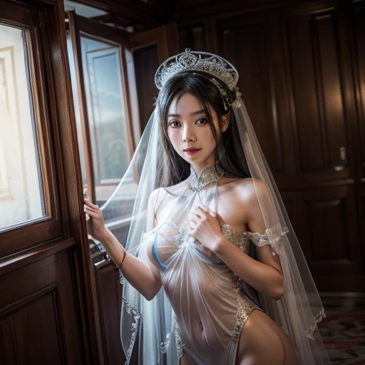 half-dragon woman, only with a transparent silk veil, In a room 