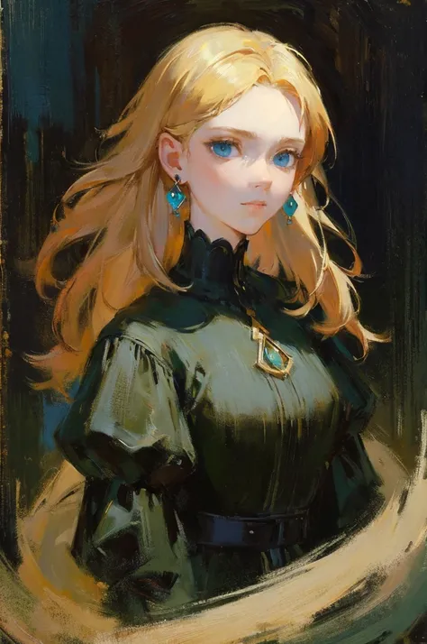 (top-quality、​masterpiece:1.2) 1woman, detailed portraiture art of a character, loose oil paint, thick pain, portrait, video game character art, female, black background background, stunning, perfect artwork, blonde hair, black dress, hair dyed green at th...