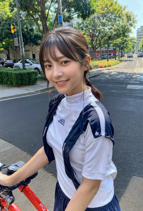 NSFW、Highest quality、(One girl),Big Breasts、(Road bike)、((Get on a bike))、Smiling at the viewer、Beautiful Eyes、Beautiful Face、Delicate eyes、Tight cycling wear、((Sweatで透けたスポーツウェア))、Sweat、Morning urban valley、street tree、Nipple piercing