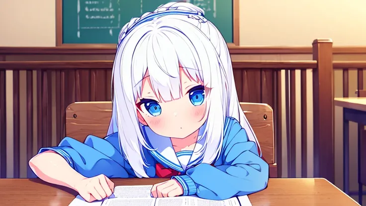 1 cute beautiful great quality perfect anatomy 8k girl white hair with ribbon decorations on her head blue eyes in School Bloomers Women with white mayas at home