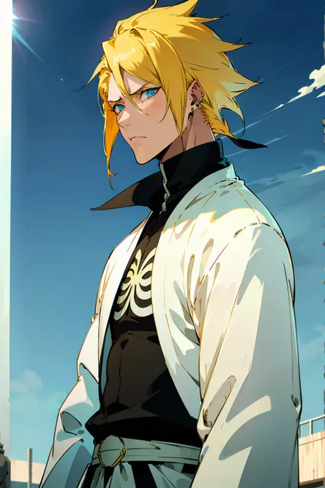 1male, Young Adult, Short Hair, YellowColored Hair, Black Highlights, Two Toned Hair, Sky Blue Eyes, Bleach, Hueco Mundo, Arrancar Clothing, Sunny, Muscular, White Coat, Detailed Eyes, Wavy Hair, Earring, Slicked Back Hair